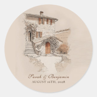 Terracotta Italian Villa Sketch Wedding  Ronde Sticker