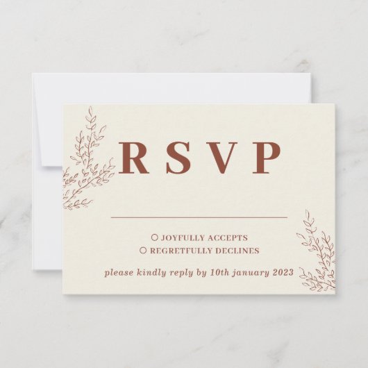 Terracotta ivoor beige klimop bloem bruiloft react RSVP kaartje (Voorkant)