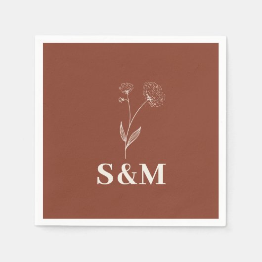 Terracotta Katoenen Bloem Monogram Trouwen Servet (Voorkant)