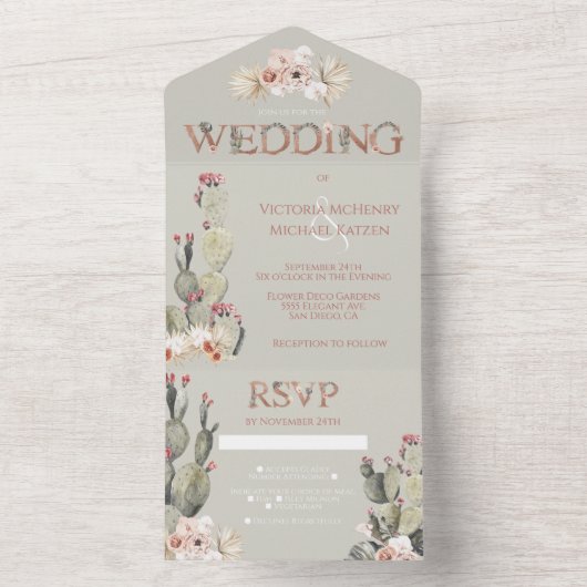 Terracotta & Khaki Cactus Wedding All In One Uitnodiging (Binnen)