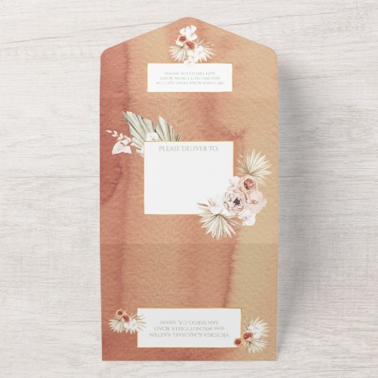 Terracotta & Khaki Palm Leaves Tropical Wedding All In One Uitnodiging (Buitenkant)