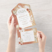 Terracotta & Khaki Palm Leaves Tropical Wedding All In One Uitnodiging (Afscheurbaar)