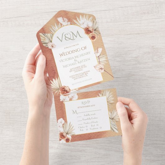 Terracotta & Khaki Palm Leaves Tropical Wedding All In One Uitnodiging (Afscheurbaar)