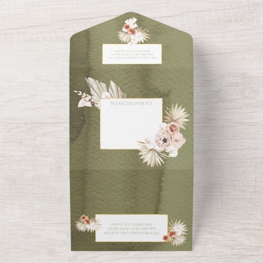 Terracotta & Khaki Palmbladeren Trouwfeest All In One Uitnodiging (Buitenkant)