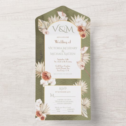 Terracotta & Khaki Palmbladeren Trouwfeest All In One Uitnodiging (Binnen)