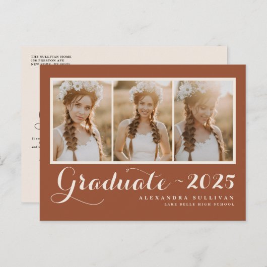 Terracotta Klasse van 2025 Photo Collage Afstudere Uitnodiging Briefkaart (Voorkant / Achterkant)