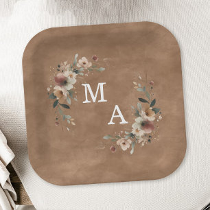 Terracotta Klei Bloemen Krans Bruiloft Monogram Papieren Bordje