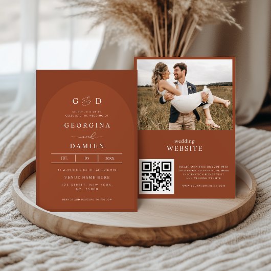 Terracotta koriander Boho foto QR-code bruiloft Kaart