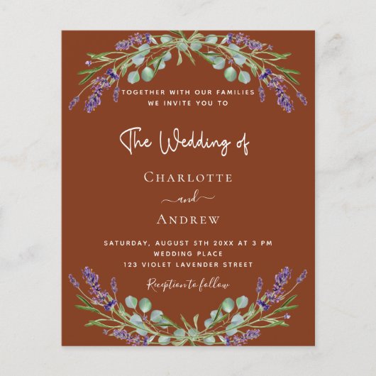 Terracotta lavendel bloemengroen budget bruiloft (Voorkant)