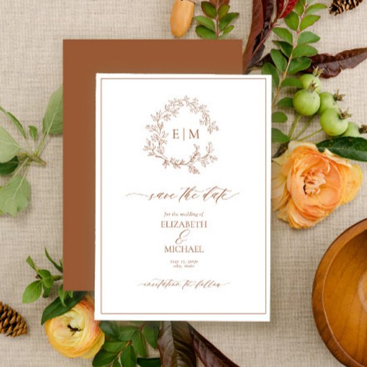 Terracotta Leafy Crest Monogram Opslaan Datum Kaart