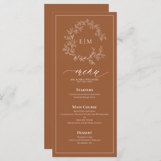 Terracotta Leafy Crest Monogram Weddenschap Menu (Voorkant / Achterkant)