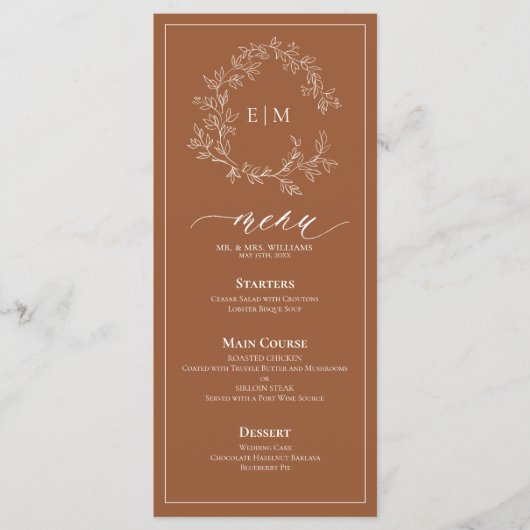 Terracotta Leafy Crest Monogram Weddenschap Menu (Voorkant)