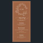 Terracotta Leafy Crest Monogram Weddenschap Menu<br><div class="desc">Creëer de perfecte receptie. We houden van dit Terracotta Leafy Crest Monogram Wedding 4 x 9 inch menu! Eenvoudig, elegant, en oh-zo-, hij is voorzien van een handgetekende leafy grot die een modern huwelijksmonogram omringt. Het is gepersonaliseerd in elegante typografie, en geaccentueerd met hand-briefed kalligrafie. Tot slot wordt het in...</div>