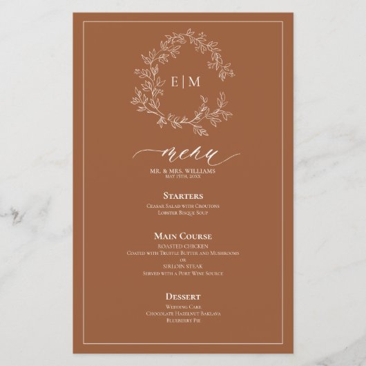 Terracotta Leafy Crest Monogram Weddenschap Menu (Voorkant)