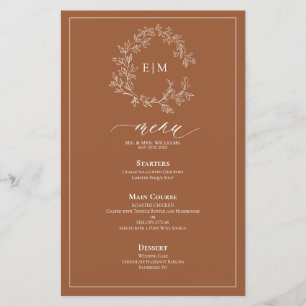 Terracotta Leafy Crest Monogram Weddenschap Menu