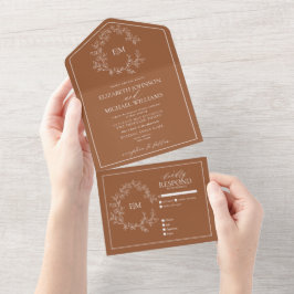 Terracotta Leafy Crest Monogram Wedding All In One Uitnodiging