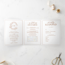 Terracotta Leafy Crest Monogram Wedding Drieluik Uitnodiging
