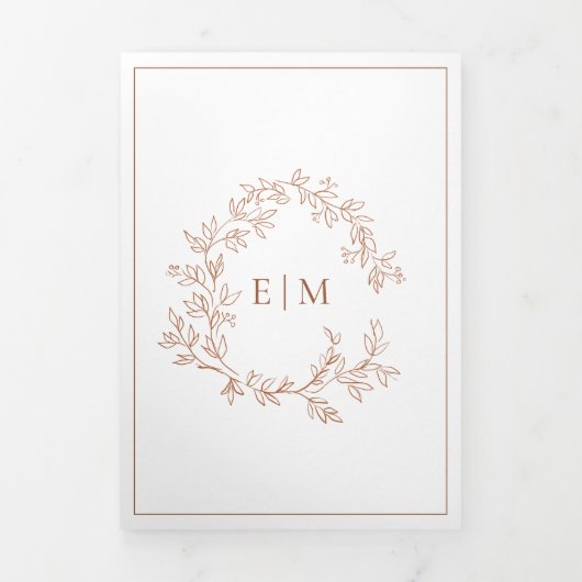 Terracotta Leafy Crest Monogram Wedding Drieluik Uitnodiging (Cover)