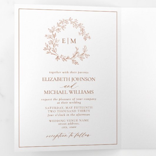 Terracotta Leafy Crest Monogram Wedding Drieluik Uitnodiging (Binnenzijde eerst)