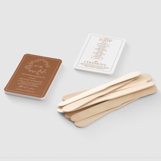 Terracotta Leafy Crest Monogram Wedding Programme Handwaaier (Niet-gemonteerd)