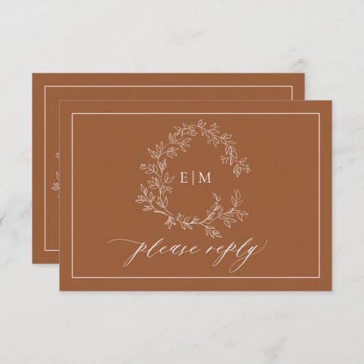 Terracotta Leafy Crest Monogram Wedding RSVP (Voorkant / Achterkant)