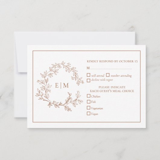 Terracotta Leafy Crest Monogram Wedding RSVP (Achterkant)