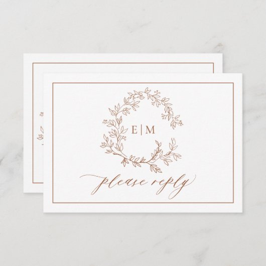 Terracotta Leafy Crest Monogram Wedding RSVP (Voorkant / Achterkant)