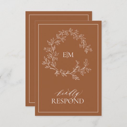 Terracotta Leafy Crest Monogram Wedding RSVP-kaart RSVP Kaartje (Voorkant / Achterkant)