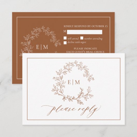 Terracotta Leafy Crest Monogram Wedding RSVP-kaart RSVP Kaartje (Voorkant / Achterkant)