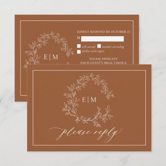Terracotta Leafy Crest Monogram Wedding RSVP Kaartje (Voorkant / Achterkant)
