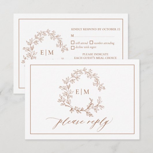 Terracotta Leafy Crest Monogram Wedding RSVP Kaartje (Voorkant / Achterkant)