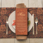 Terracotta Leaves Elegant Rustic Wedding Menu<br><div class="desc">Dit prachtige trouwmenu bevat een stijlvol ontwerp met een gemarmerde terracotta achtergrond, een scriptkalligrafie titel en tapijten met handbeschilderde waterverf bladeren op zowel de bovenkant als de onderkant. De tekst is volledig aanpasbaar met ruimte voor de naam van het paar en de trouwdatum onderaan. Elegant, stijlvol en chic, deze kaart...</div>