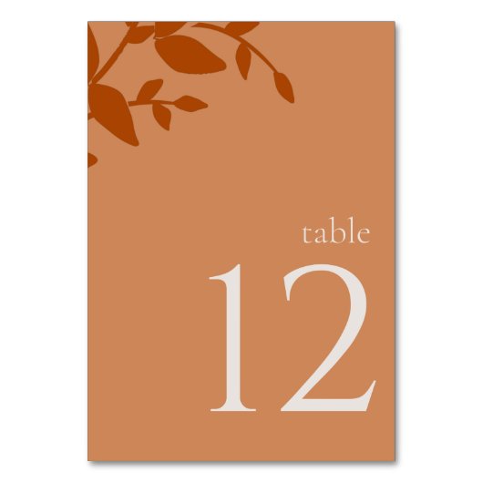 Terracotta Leaves Modern Wedding Table Number Kaart (Voorkant)