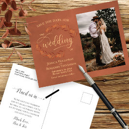 Terracotta Leaves Wedding Save the Date Photo Aankondigingskaart