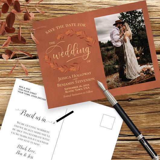 Terracotta Leaves Wedding Save the Date Photo Aankondigingskaart