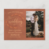 Terracotta Leaves Wedding Save the Date Photo Aankondigingskaart (Voorkant)