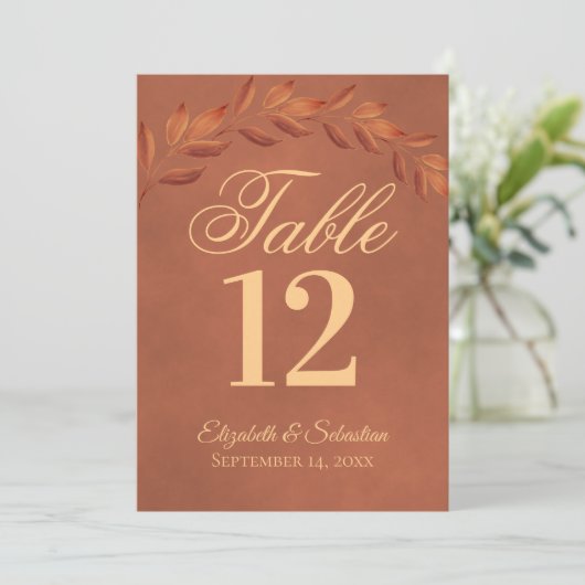 Terracotta Leaves Wedding Table Number Kaart Groot (Staand voorkant)