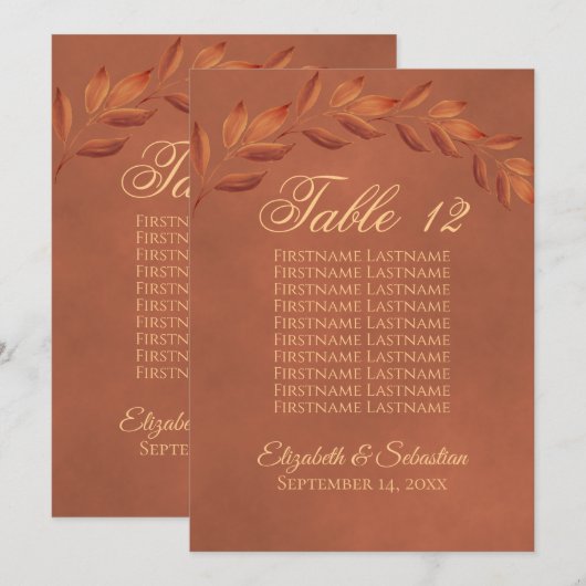 Terracotta Leaves Wedding Table Number met namen (Voorkant / Achterkant)