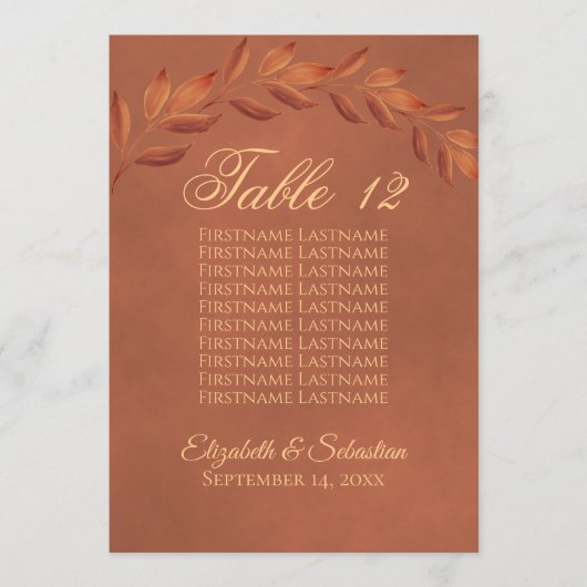 Terracotta Leaves Wedding Table Number met namen (Voorkant)