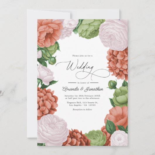 Terracotta Light Peach Olive Green Floral Wedding Kaart (Voorkant)