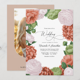 Terracotta Light Peach Olive Green Floral Wedding Kaart