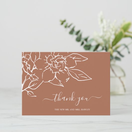 Terracotta Line Art Floral Elegante bruiloft Bedankkaart (Staand voorkant)