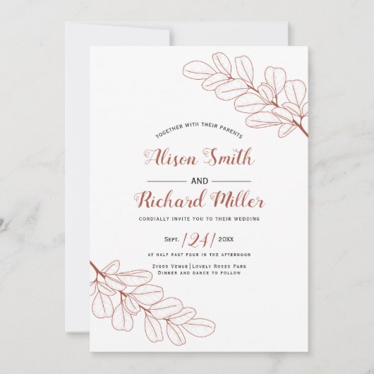 Terracotta line art tak en bladeren vallen huwelij kaart (Voorkant)