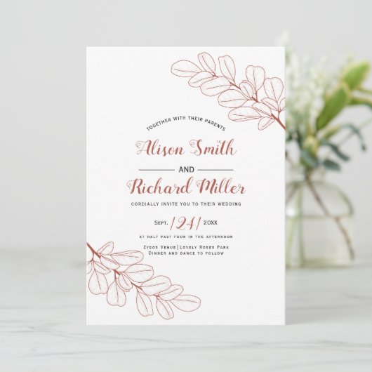 Terracotta line art tak en bladeren vallen huwelij kaart (Staand voorkant)