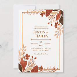 Terracotta Line Leaf Gilded Botanical Wedding Kaart