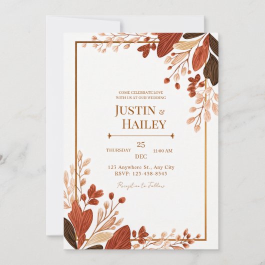 Terracotta Line Leaf Gilded Botanical Wedding Kaart (Voorkant)