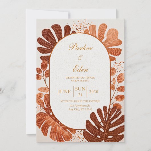 Terracotta Line Monstera Gold Arch Wedding Kaart (Voorkant)