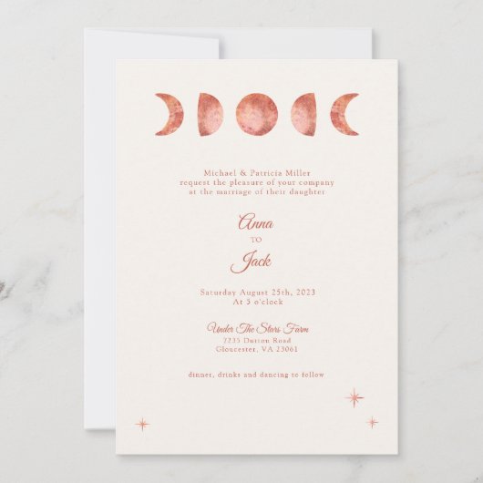 Terracotta Maan Fase Boho Huwelijksuitnodiging Kaart (Voorkant)