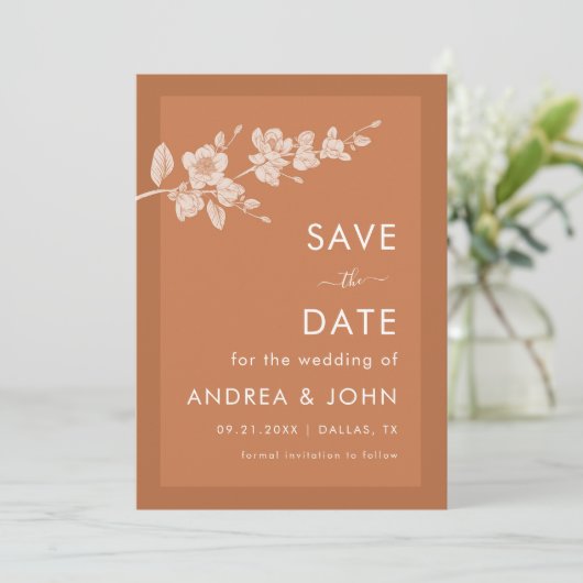 Terracotta Magnolia Branch Bloom Rustic Minimalist Save The Date (Staand voorkant)