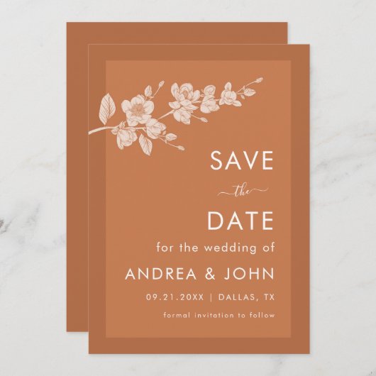 Terracotta Magnolia Branch Bloom Rustic Minimalist Save The Date (Voorkant / Achterkant)